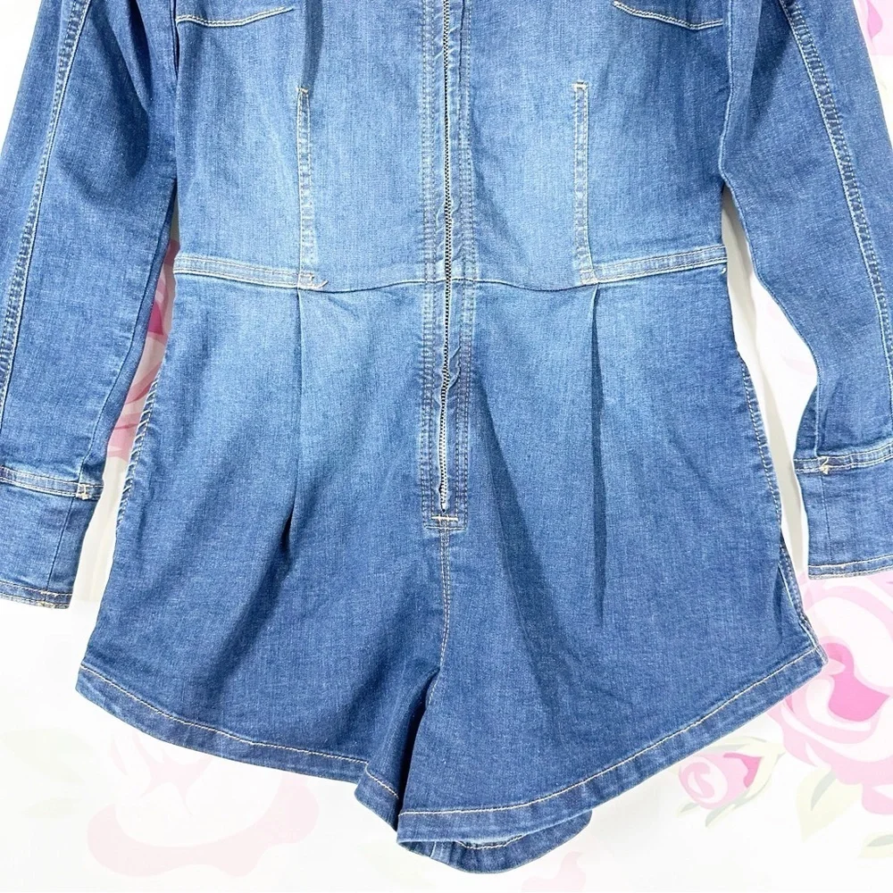 NEW Free People We The Free On The Run Moto Playsuit Blue Denim Romper S